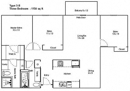 Floor plan for 3 beds, 1.8 baths, 1154 sqft